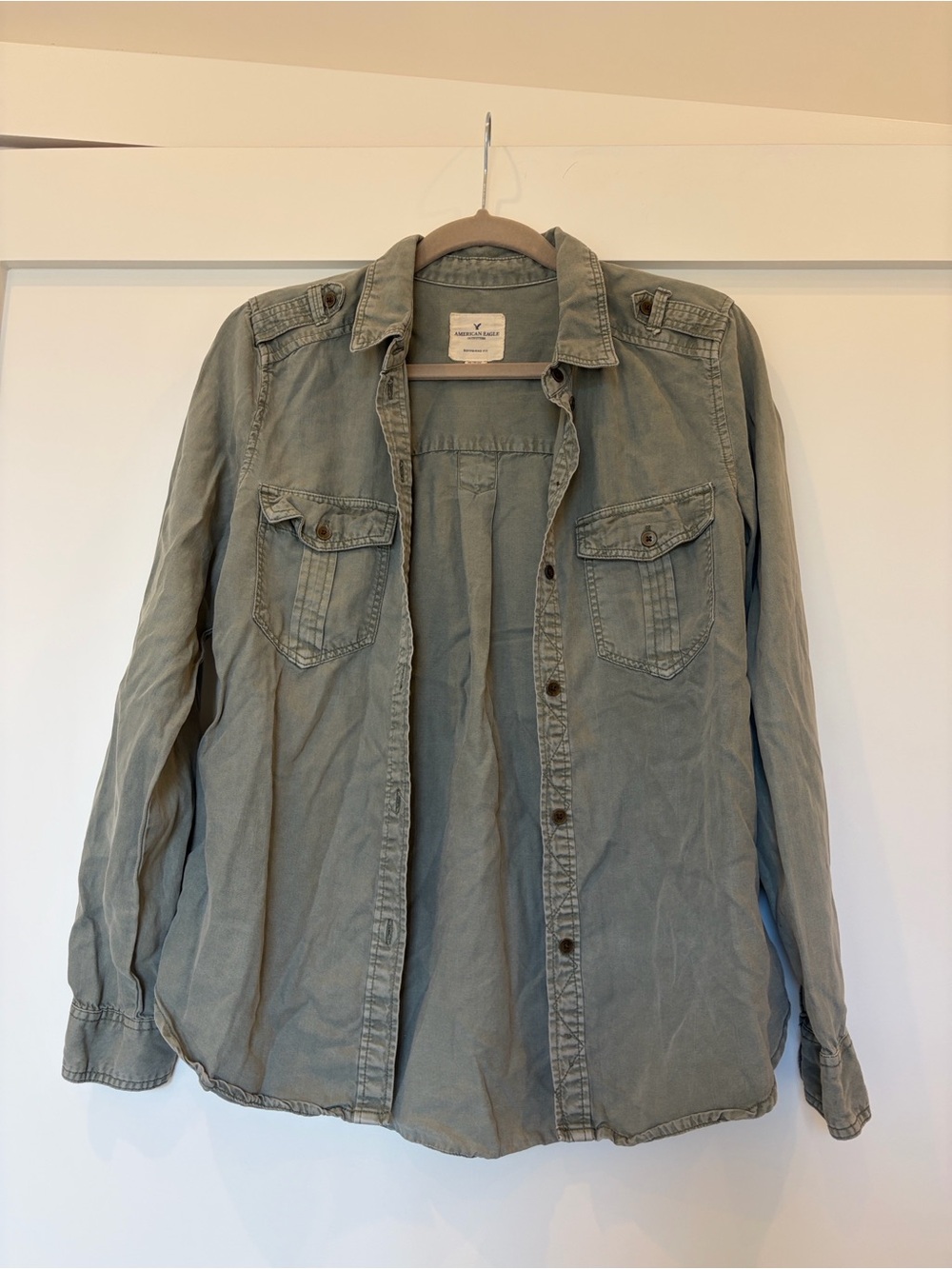 American Eagle Outfitters Faded Sage Green Casual Button-Down Shirt